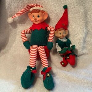 Lot 2 VTG Christmas Pixie Elves Bendable w/Jingle Bells Santa Hat Sleeves Tights